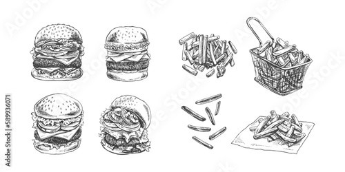 Burgers and potato french fries set. Hand drawn sketch of different burgers and french fries. Fast food retro vector illustrations collection isolated on white background. Vintage illustration. 