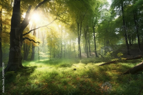 Sunlit Forest: A Serene Morning Amidst Lush Greenery and Trees