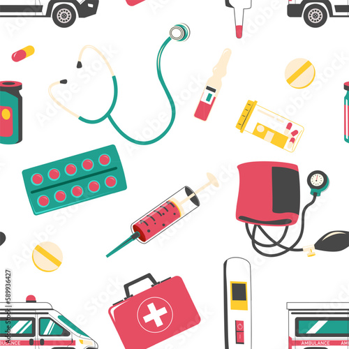 Medical tools pattern. Seamless print of doodle drug store equipment, endless background with cartoon first aid elements for wrapping paper. Vector texture