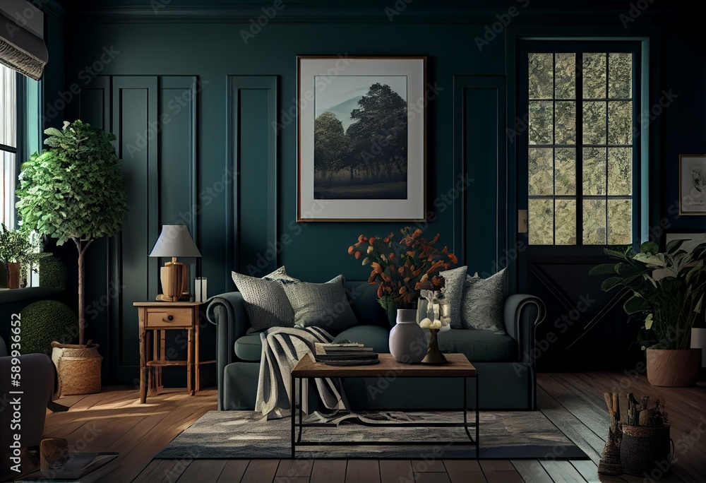 3D render of a dark green farmhouse living room interior background