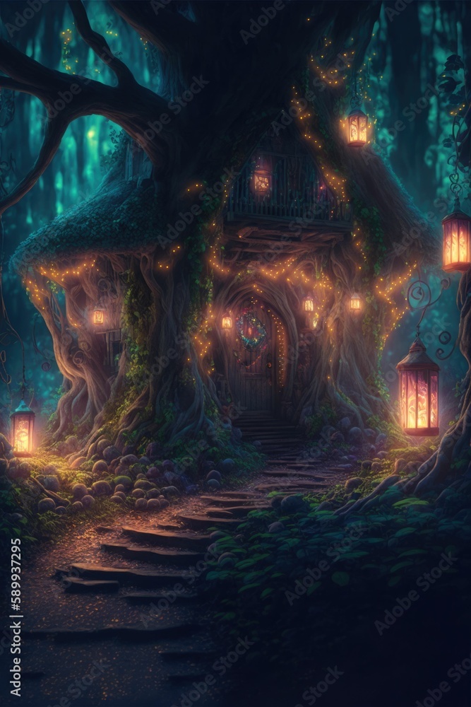 Dense Fantasy Forest Trail with Lamps