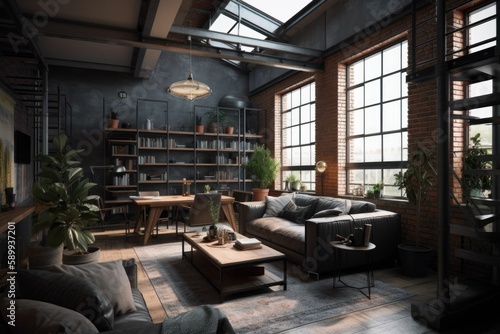 Industrial Style Living Room Loft with Rustic Charm © Arnolt