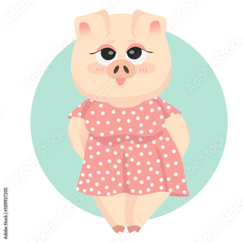 Character for children's books and postcards pink pig Monica in a dress with polka dots