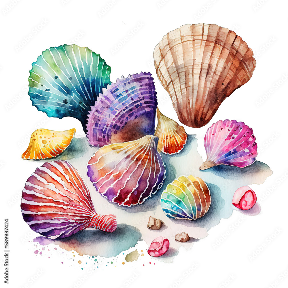 Watercolor colorful Seashells set, Composition with shells and pearls ...