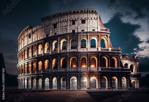 Fotobehang The Colosseum in Rome, lit up at dusk. Generative AI