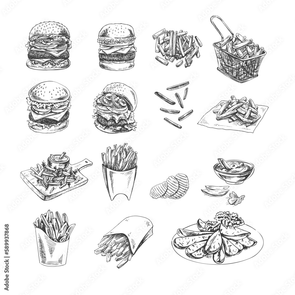 Hand-drawn sketch of burgers, potato french fries, chips  and potato slices set. Vintage illustration. Element for the design of labels, packaging and postcards.