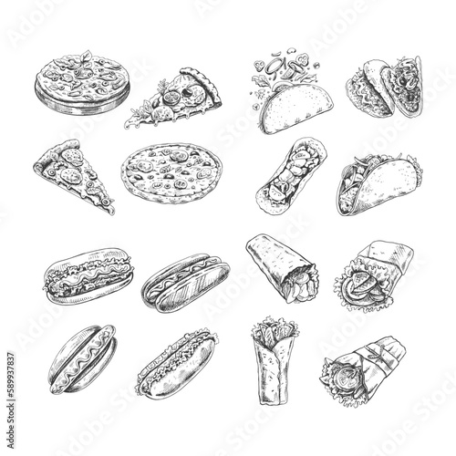 Hand-drawn sketch of pizza, tacos, burritos and hot dog set. Vintage illustration. Element for the design of labels, packaging and postcards.