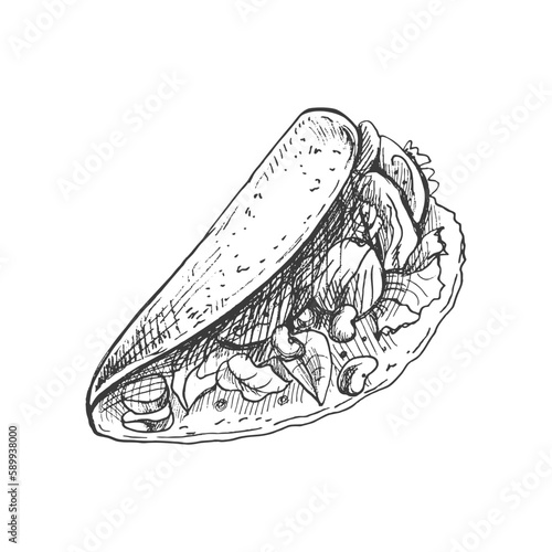Hand-drawn sketch of taco on white background. Fast food vintage illustration. Element for the design of labels, packaging and postcards.
