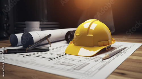 construction helmet and blueprints