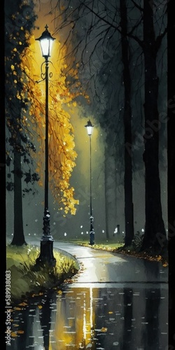 Autumn Night Trail  A Watercolor Painting of Trees in the Dark