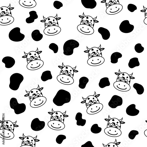 Pattern with cows and spots in hand drawn style. Seamless. Isolated. Vector illustration. Animals that give milk