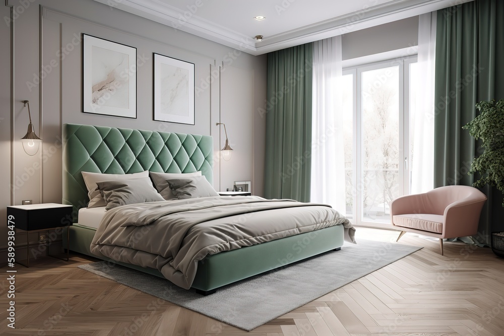 Modern contemporary loft bedroom | Luxurious large bedroom | Luxury double bedroom with golden furniture in royal interior | Luxurious bedroom with gilt double bed and bedside tables, Generative AI