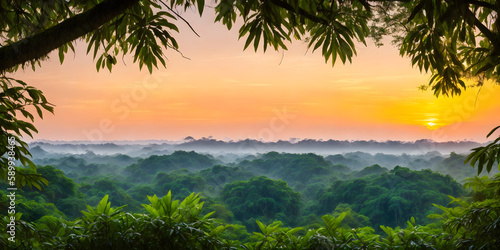 Wallpaper with a tropical landscape at sunset. Jungle with mountains  palms  trees and other wild plants. Sky with clouds and setting sun. Rainforest illustration. Pristine nature. Generative AI