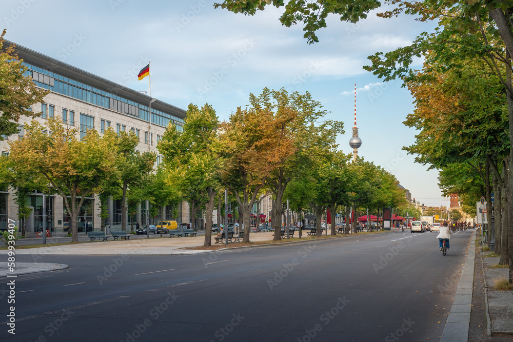 Unter den Linden Boulevard with Fernsehturm TV Tower - Berlin, Germany