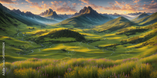 Beautiful summer mountain landscape at sunset. Illustration with mountains, trees, flowers, sky with clouds and setting sun. Green valley with forests, groves and small streams. Generative AI