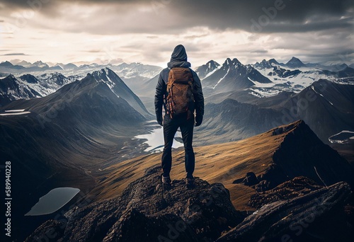 A hiker standing on a mountain peak. Generative AI © William