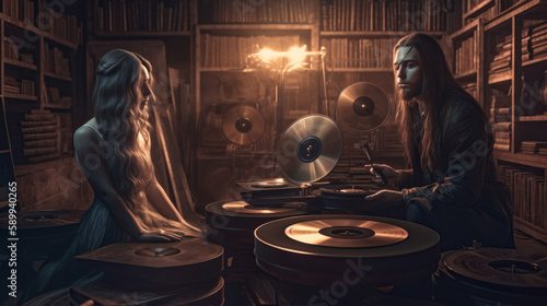 portrait of a young couple listening to a vinyl record in a restaurant, club. Girl with a man in a vintage room, playing classical music for love. Generative AI.