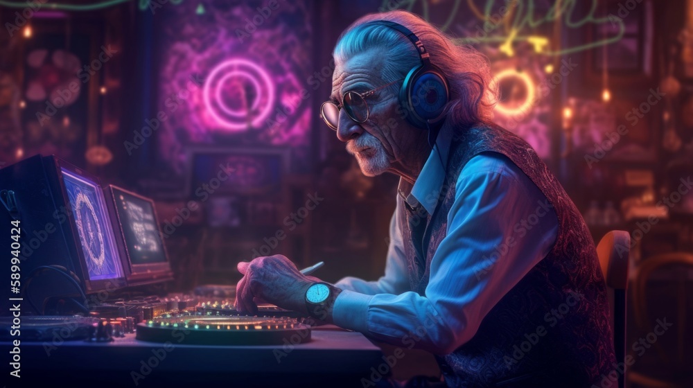 old dj in retro headphones in a sound recording studio, vintage man in the room, grandfather broadcasts radio. Generative AI. old dj in retro headphones in a sound recording studio, vintage man in the room, grandfather broadcasts radio. Generative AI.