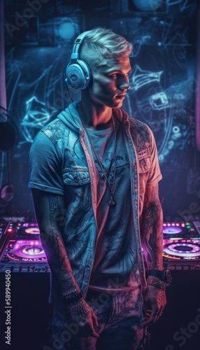 portrait of a handsome young guy in trendy headphones, a tattooed man of an athletic build listens to music in a neon club. Generative AI.