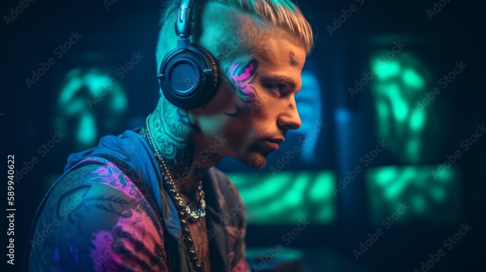 portrait of a handsome young guy in trendy headphones, a tattooed man of an athletic build listens to music in a neon club. Generative AI. portrait of a handsome young guy in trendy headphones, a tattooed man of an athletic build listens to music in a neon club. Generative AI.