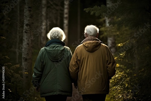 Elderly Couple Strolling Hand in Hand Through the Forest Trail