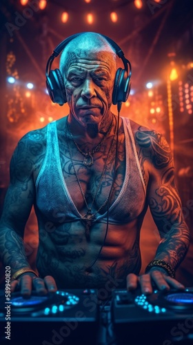 old dj in trendy headphones at a party, glamorous tattooed man, grandfather plays music in a neon club. Generative AI.