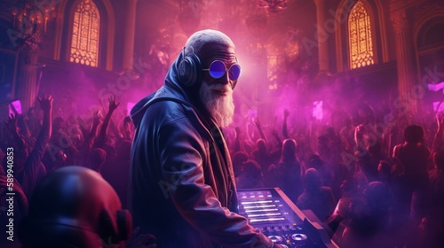 old dj in trendy headphones at a party, glamorous tattooed man, grandfather plays music in a neon club. Generative AI.