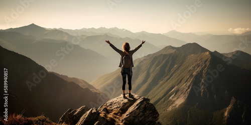 young woman at mountain peak after a long hike in the mountains - Generative AI