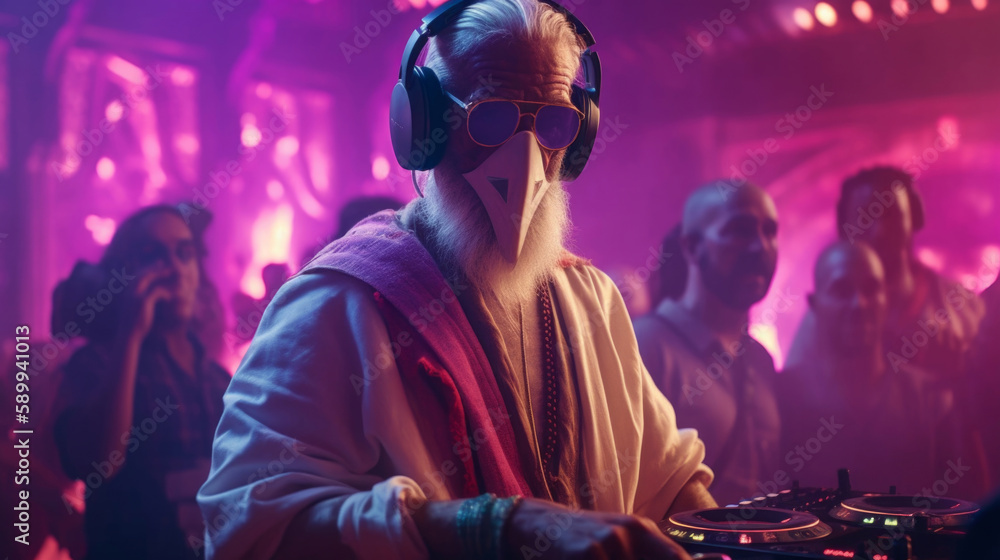 old dj in trendy headphones at a party, glamorous tattooed man, grandfather plays music in a neon club. Generative AI. old dj in trendy headphones at a party, glamorous tattooed man, grandfather plays music in a neon club. Generative AI.