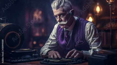 portrait of an adult dj in retro headphones in a sound recording studio, a vintage man in the room, a grandfather is broadcasting radio. Generative AI. © Ренат Хисматулин