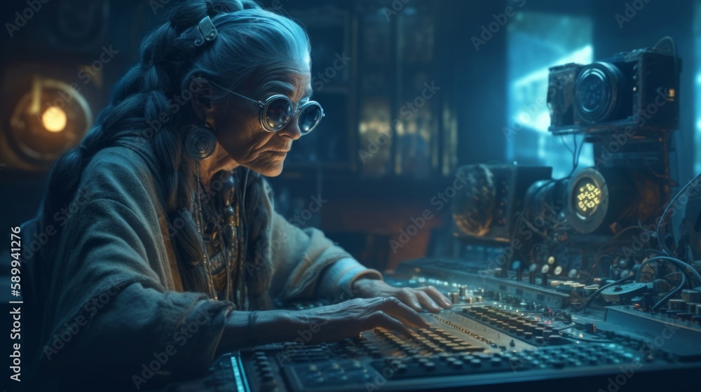 portrait of dj granny in retro headphones in recording studio, vintage woman in room, steampunk granny broadcasts on radio. Generative AI. portrait of dj granny in retro headphones in recording studio, vintage woman in room, steampunk granny broadcasts on radio. Generative AI.