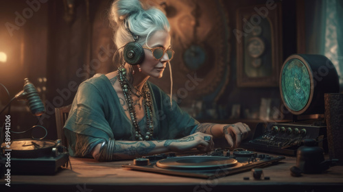 portrait of dj granny in retro headphones in recording studio, vintage woman in room, steampunk granny broadcasts on radio. Generative AI.