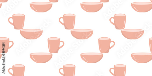 Seamless pattern with bowl and cup. Vector illustration