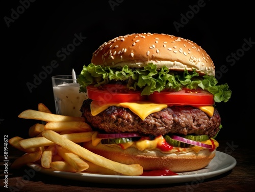 Saftiger Cheeseburger, Hamburger, mit Pommes im Studio Fotografiert, generative AI