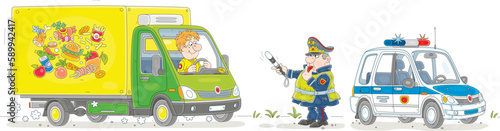 Funny traffic policeman with a baton and a whistle stopping a rushing truck on a road out of town, vector cartoon illustration isolated on a white background
