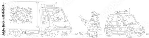 Funny traffic policeman with a baton and a whistle stopping a rushing truck on a road out of town, vector cartoon illustration isolated on a white background