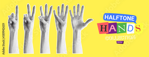 Set of halftone hands. Vector illustration with gestures of hands with halftone effects for decoration of retro banners and vintage postres. Collection of collage elements.