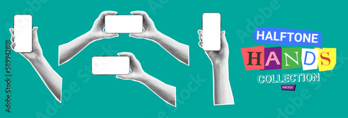 Set of halftone hands with smartphone. Vector illustration with hands holding phones with halftone effects for decoration of retro banners and vintage postres. Collection of collage elements.