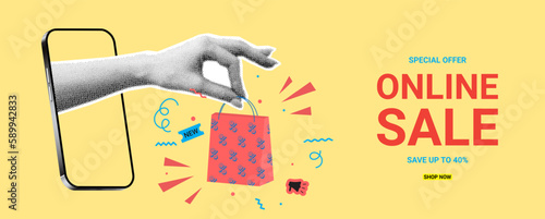 Retro banner for online sale. Vector illustration with hand coming out of phone and holding paper bag. Collage with paper cut elements for decoration sale events. Creative trend collage.