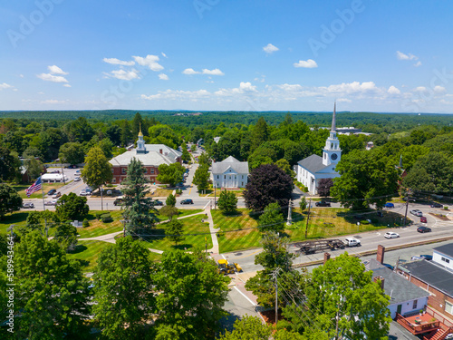 Billerica Public Library and First Parish Unitarian Universalist Church aerial view at Billerica Common in historic town center of Billerica, Massachusetts MA, USA.  photo