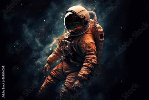 AI generated image of an astronaut floating in space with dust and stars