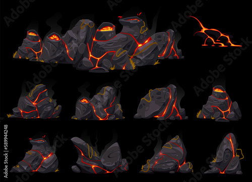 Vector cartoon illustration set of lava stones, blocks, bricks, rocks with hot fire lava flows, blocks for game levels, background textures, isolated on black background