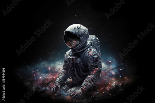 AI generated image of an astronaut sitting in space meditating © Boghos