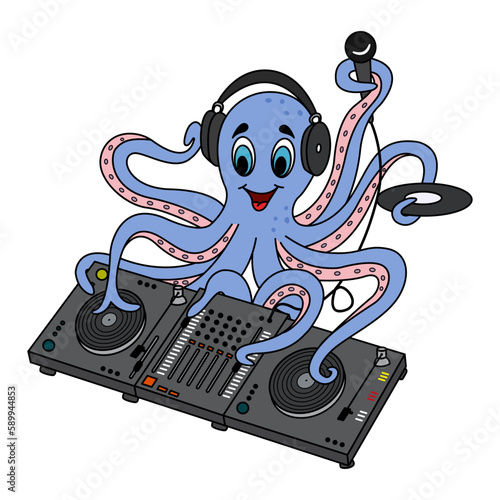 Cartoon DJ Octopus Plays DJ Mixer. Vector Illustration of Funny DJ Octopus with Microphone, Record, Headphones, and DJ Mixer