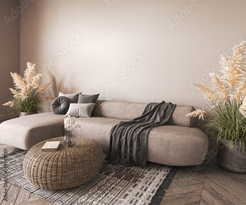 Modern coastal classic interior. Design livingroom with decorative carpet  wicker coffee table and dry grass. Mockup empty wall and wooden furniture. 3d rendering. High quality 3d illustration