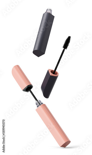 Flying and falling open and closed mascara and eyelash brush. Isolated on transparent background. Makeup product. Fashion cosmetics. 3D render