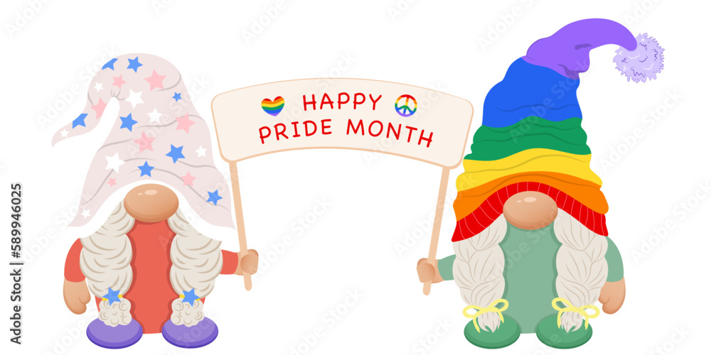 Obraz premium Cute lesbian couple gnomes with poster. Pride month gnome. Lgbt gnome. Gnome girls.