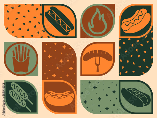 Hot dogs, French fries, soda template design for social media marketing of a restaurant or hotel. Set of flat style geometric vector illustrations. great for wallpaper, background, cover, poster, logo