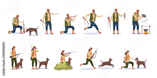 Hunter character. Cartoon person with hunting dog pointing weapon, hunter male and female in camouflage clothes with dog in forest. Vector set photo