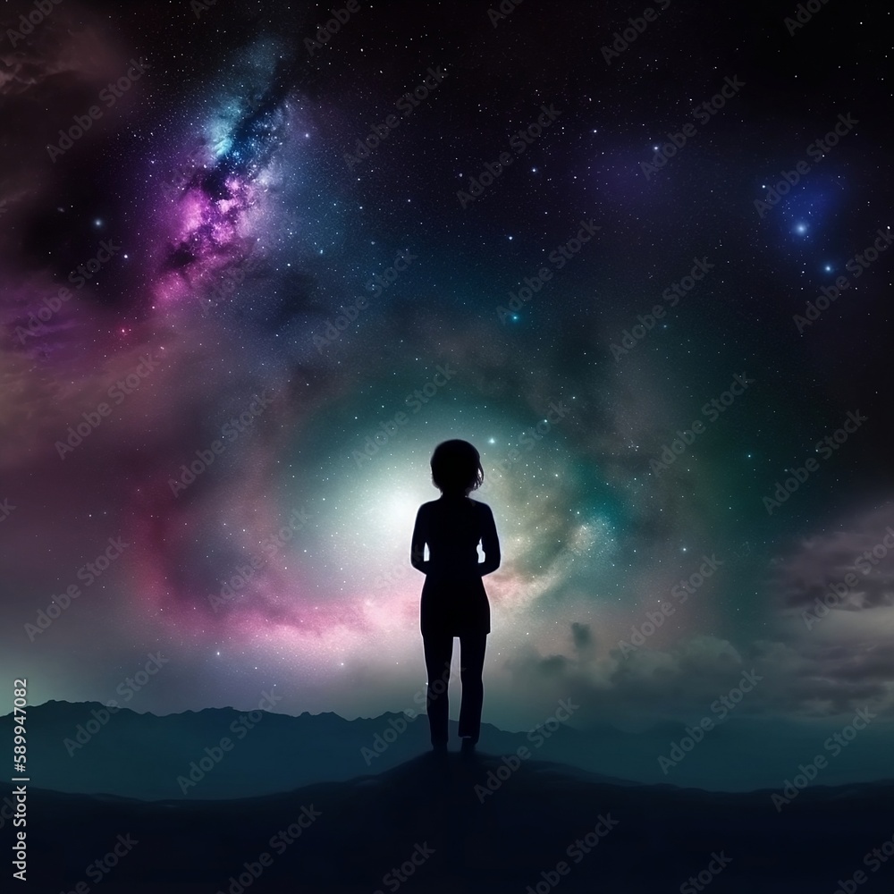 universe meta human spirit silhouette on galaxy space background. Generative AI.